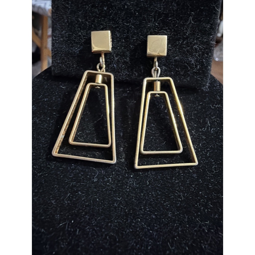 Vintage Avon Goldtone Square Concentric Open Trapezoid Dangle Clip Earrings